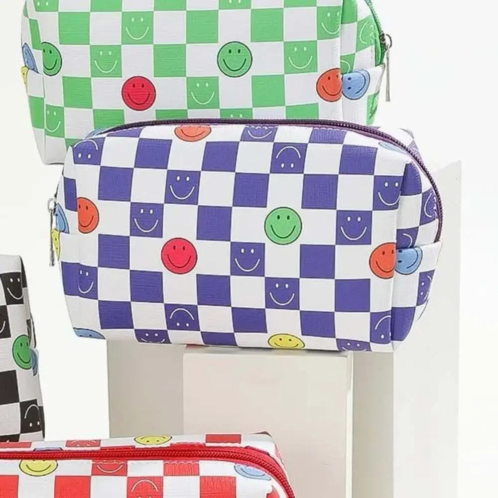 Purple and White Checkered Smiley Face Cosmetic Pouch Wristlet